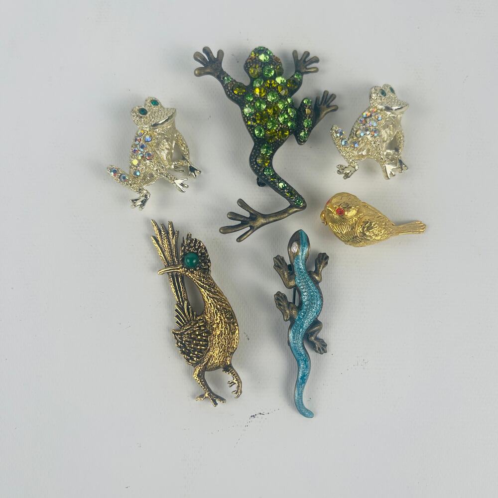 Animal Pins Fashion Jewelry Lot of 5; Birds, Lizard, Frogs